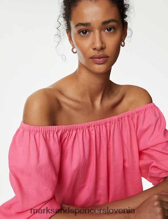 bluza z napihnjenimi rokavi v bardo barvi bogatega lana žvečilni gumi roza Marks & Spencer oblačila ženske 6T8F6X2767