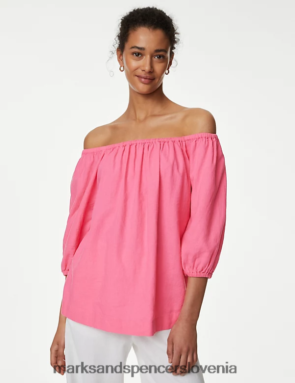 bluza z napihnjenimi rokavi v bardo barvi bogatega lana žvečilni gumi roza Marks & Spencer oblačila ženske 6T8F6X2767