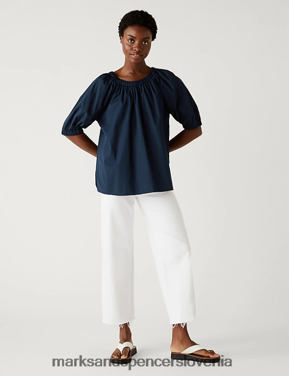 bluza z okroglim izrezom iz čistega bombaža mornarica Marks & Spencer oblačila ženske 6T8F6X1508