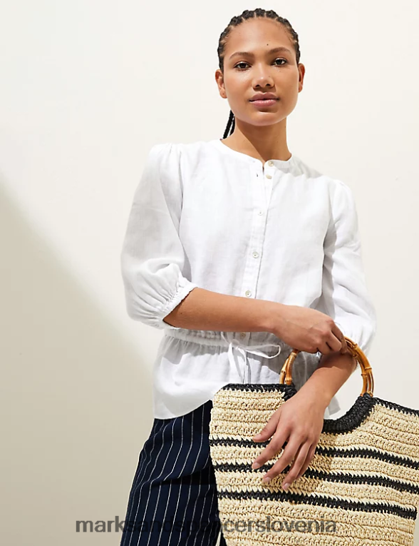 bluza z okroglim izrezom iz čistega lanu bela Marks & Spencer oblačila ženske 6T8F6X353