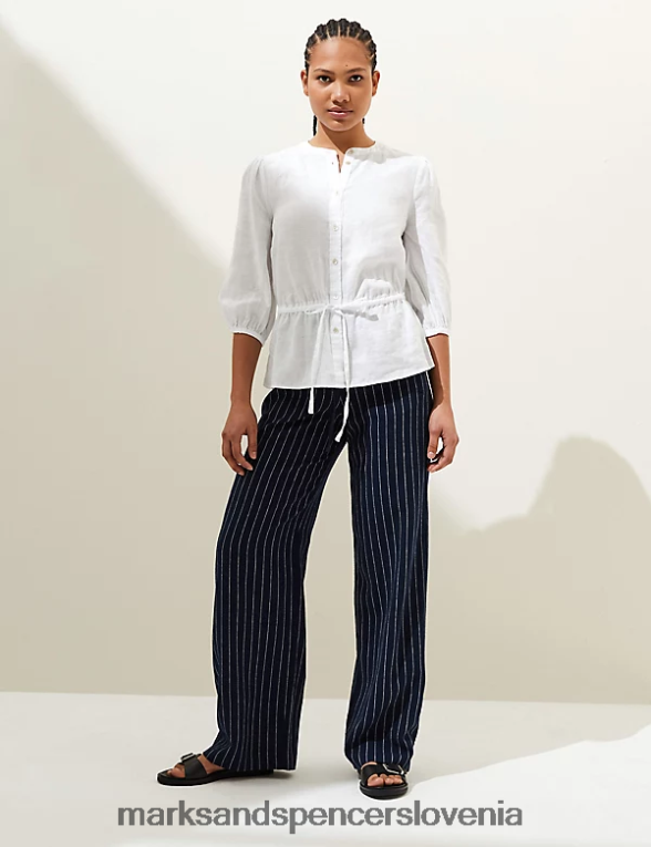 bluza z okroglim izrezom iz čistega lanu bela Marks & Spencer oblačila ženske 6T8F6X353