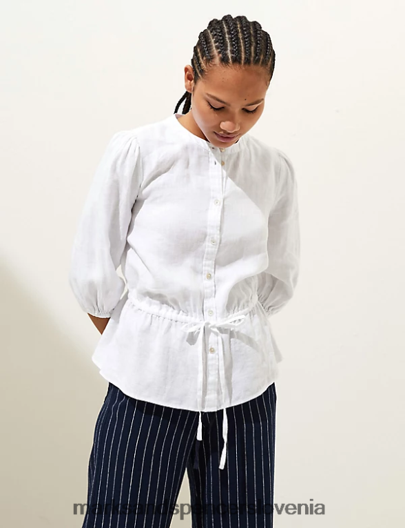 bluza z okroglim izrezom iz čistega lanu bela Marks & Spencer oblačila ženske 6T8F6X353