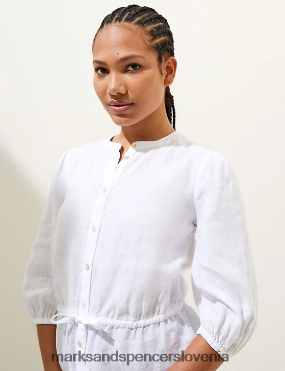 bluza z okroglim izrezom iz čistega lanu bela Marks & Spencer oblačila ženske 6T8F6X353