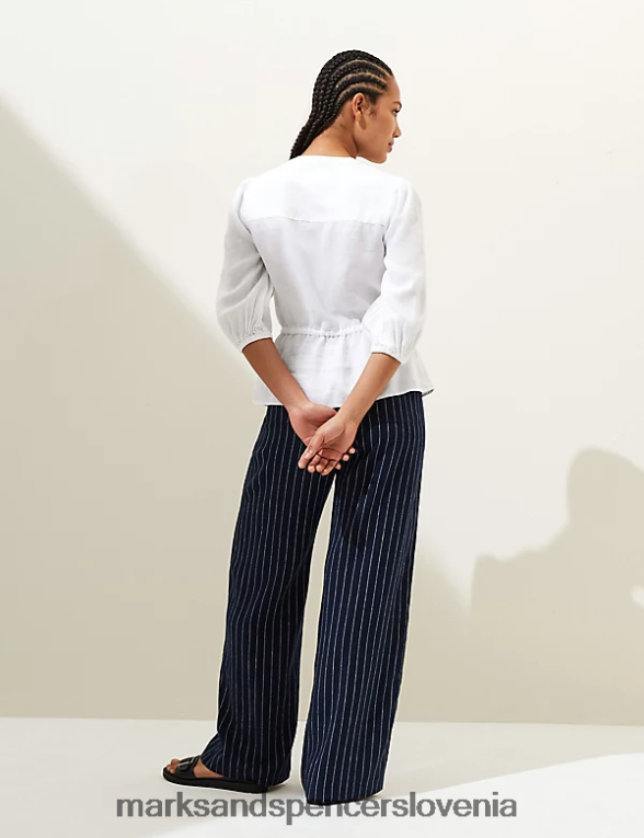bluza z okroglim izrezom iz čistega lanu bela Marks & Spencer oblačila ženske 6T8F6X353