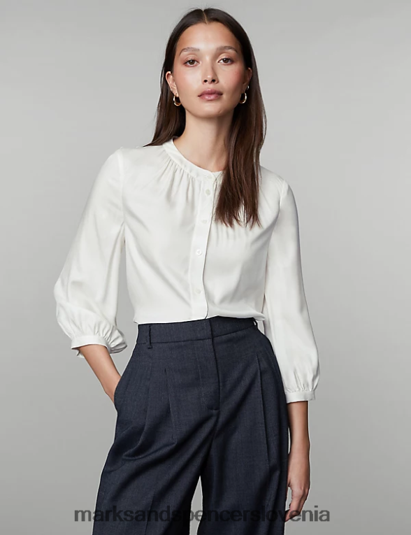 bluza z rokavi iz mešanice svile brez ovratnika slonovina Marks & Spencer oblačila ženske 6T8F6X285