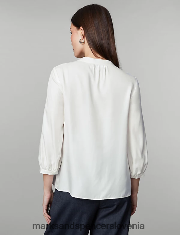bluza z rokavi iz mešanice svile brez ovratnika slonovina Marks & Spencer oblačila ženske 6T8F6X285