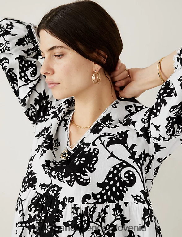 bluza z v-izrezom in bogatim lanom ecru mešanica Marks & Spencer oblačila ženske 6T8F6X1220