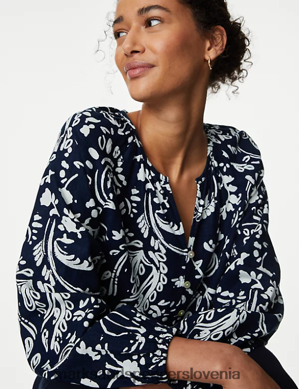 bluza z v-izrezom in bogatim lanom mornarska mešanica Marks & Spencer oblačila ženske 6T8F6X2154