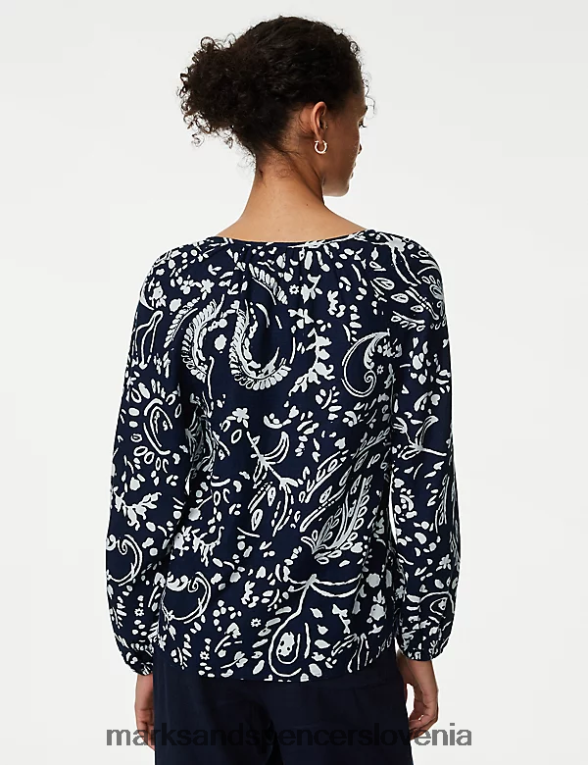 bluza z v-izrezom in bogatim lanom mornarska mešanica Marks & Spencer oblačila ženske 6T8F6X2154