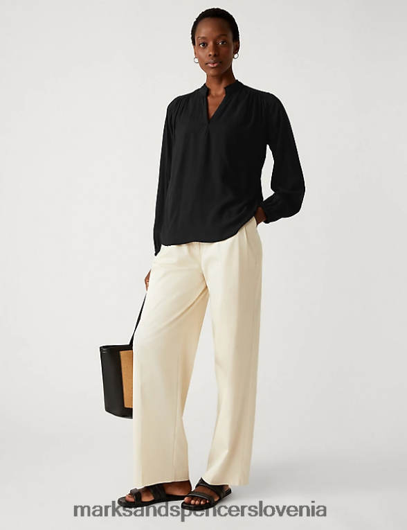 bluza z v-izrezom in naborki, popover bluza z rokavi Črna Marks & Spencer oblačila ženske 6T8F6X2047