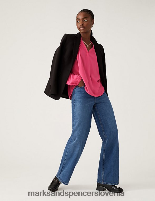 bluza z v-izrezom in naborki, popover bluza z rokavi srednje roza Marks & Spencer oblačila ženske 6T8F6X2373