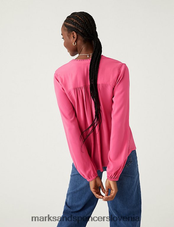 bluza z v-izrezom in naborki, popover bluza z rokavi srednje roza Marks & Spencer oblačila ženske 6T8F6X2373
