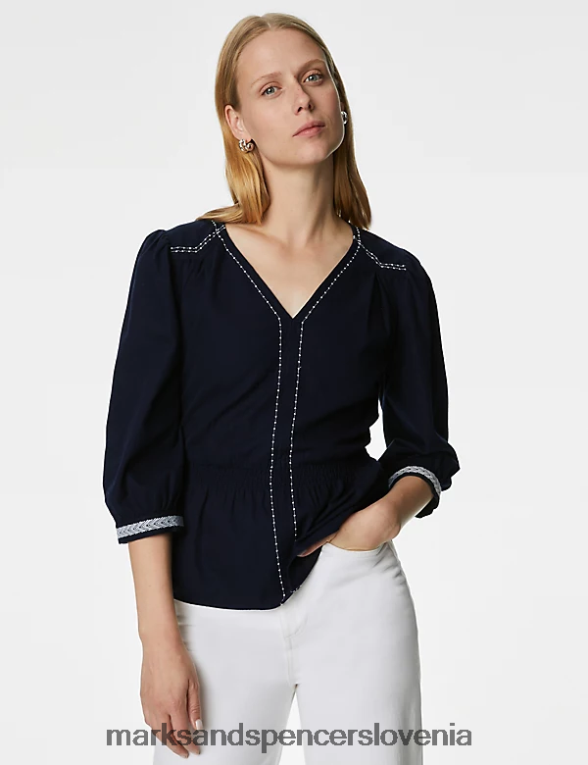 bluza z v-izrezom iz čistega bombaža mornarica Marks & Spencer oblačila ženske 6T8F6X1250