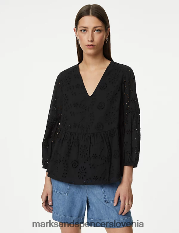 bluza z v-izrezom iz čistega bombaža Črna Marks & Spencer oblačila ženske 6T8F6X396