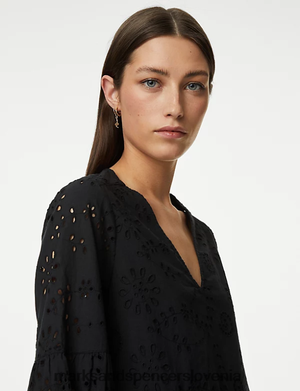 bluza z v-izrezom iz čistega bombaža Črna Marks & Spencer oblačila ženske 6T8F6X396