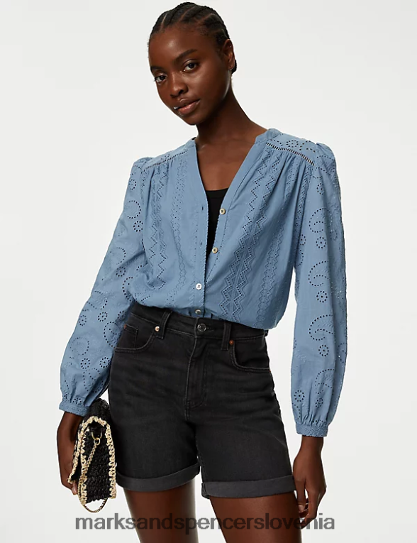 bluza z v-izrezom iz čistega bombaža sivo modra Marks & Spencer oblačila ženske 6T8F6X1996
