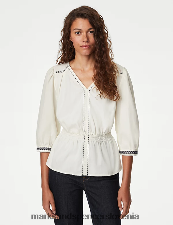 bluza z v-izrezom iz čistega bombaža slonovina Marks & Spencer oblačila ženske 6T8F6X884