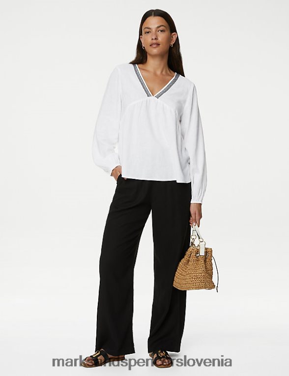 bluza z v-izrezom iz mešanice lanu bela Marks & Spencer oblačila ženske 6T8F6X771
