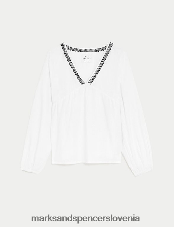 bluza z v-izrezom iz mešanice lanu bela Marks & Spencer oblačila ženske 6T8F6X771