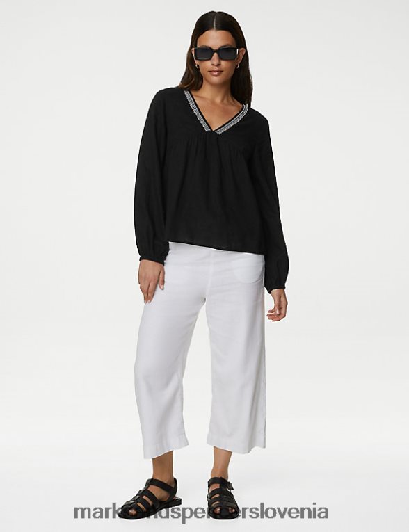 bluza z v-izrezom iz mešanice lanu Črna Marks & Spencer oblačila ženske 6T8F6X403