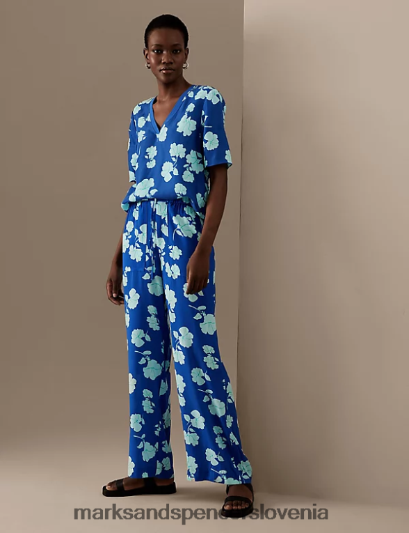 bluza z v-izrezom z bogatim kupro potiskom modra mešanica Marks & Spencer oblačila ženske 6T8F6X1536