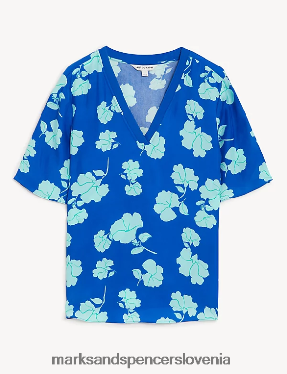bluza z v-izrezom z bogatim kupro potiskom modra mešanica Marks & Spencer oblačila ženske 6T8F6X1536