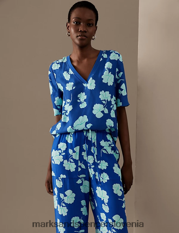 bluza z v-izrezom z bogatim kupro potiskom modra mešanica Marks & Spencer oblačila ženske 6T8F6X1536