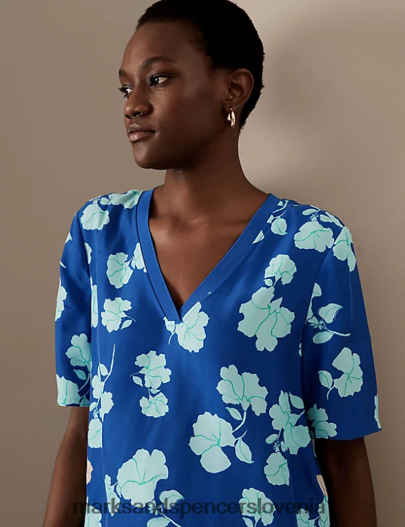 bluza z v-izrezom z bogatim kupro potiskom modra mešanica Marks & Spencer oblačila ženske 6T8F6X1536