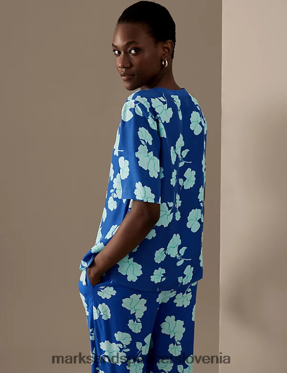 bluza z v-izrezom z bogatim kupro potiskom modra mešanica Marks & Spencer oblačila ženske 6T8F6X1536