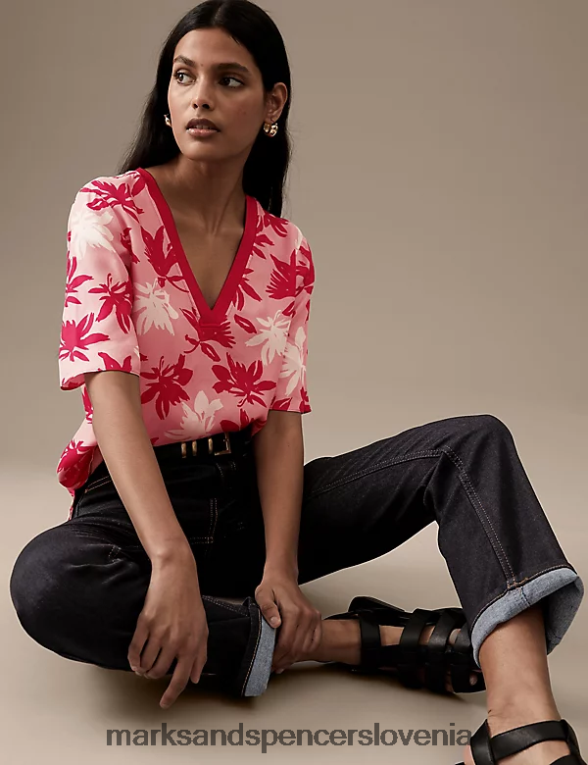 bluza z v-izrezom z bogatim kupro potiskom roza mešanica Marks & Spencer oblačila ženske 6T8F6X1872