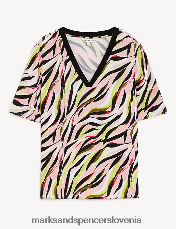 bluza z v-izrezom z bogatim kupro potiskom svetlo roza mešanica Marks & Spencer oblačila ženske 6T8F6X1871