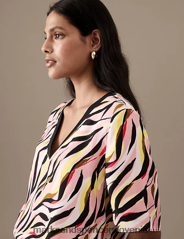 bluza z v-izrezom z bogatim kupro potiskom svetlo roza mešanica Marks & Spencer oblačila ženske 6T8F6X1871