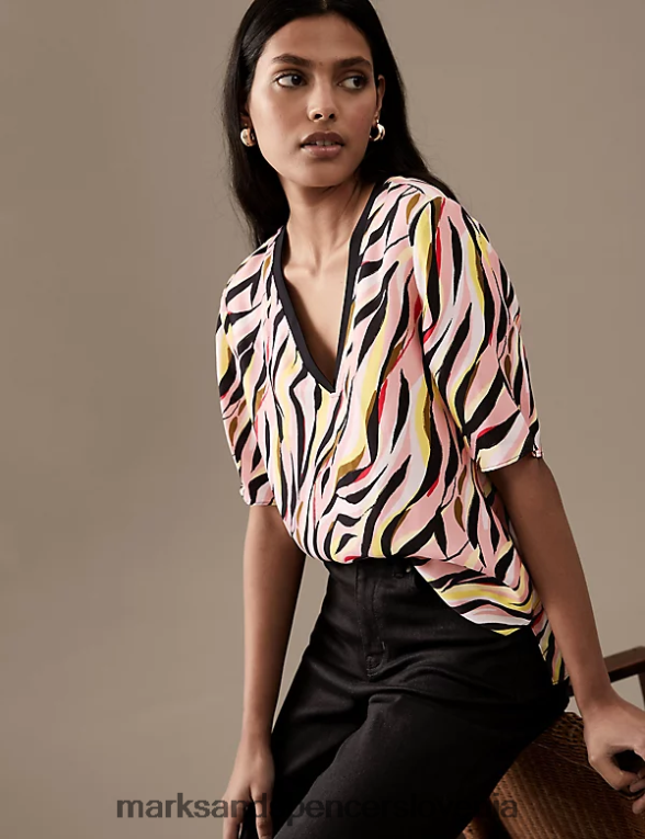 bluza z v-izrezom z bogatim kupro potiskom svetlo roza mešanica Marks & Spencer oblačila ženske 6T8F6X1871