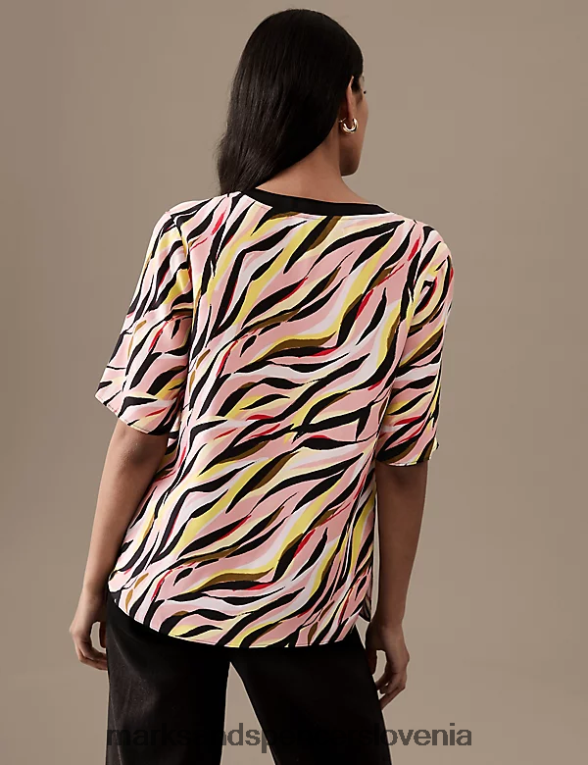 bluza z v-izrezom z bogatim kupro potiskom svetlo roza mešanica Marks & Spencer oblačila ženske 6T8F6X1871