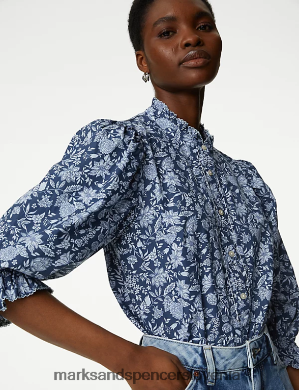 bluza z visokim ovratnikom s cvetličnim motivom iz čistega bombaža modra mešanica Marks & Spencer oblačila ženske 6T8F6X74