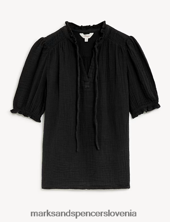 bluza z zarezanim ovratnikom iz čistega bombaža Črna Marks & Spencer oblačila ženske 6T8F6X1815
