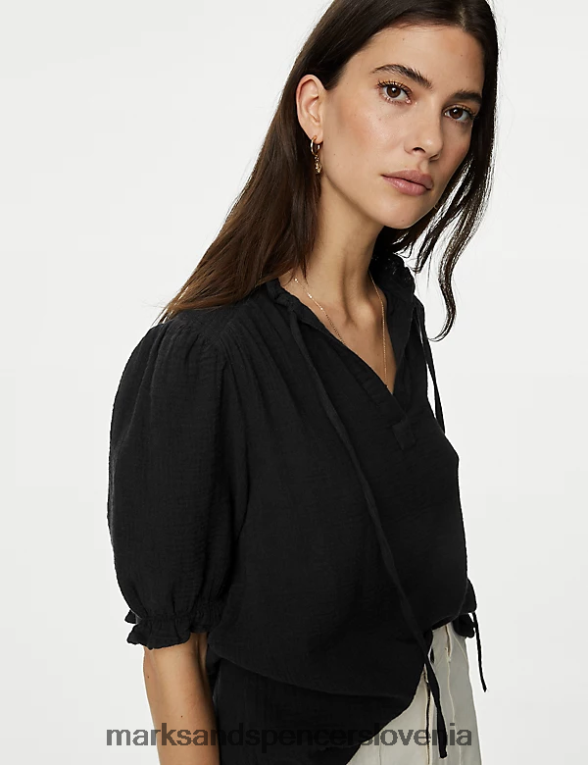 bluza z zarezanim ovratnikom iz čistega bombaža Črna Marks & Spencer oblačila ženske 6T8F6X1815