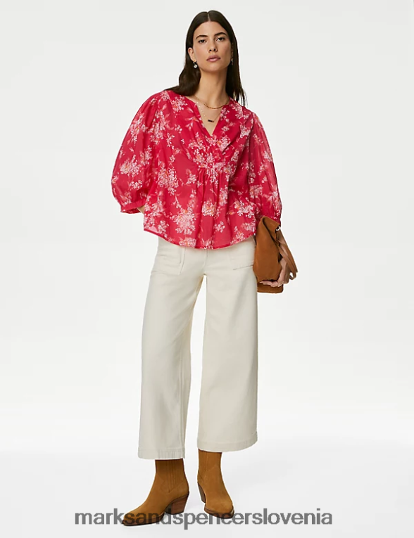 bluza z zarezo iz čistega bombaža roza mešanica Marks & Spencer oblačila ženske 6T8F6X77