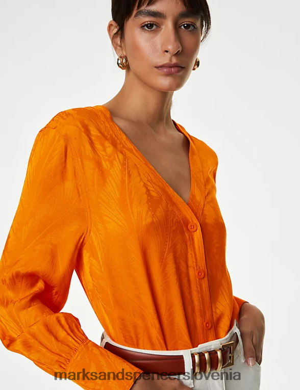 cvetlična žakard bluza z v-izrezom mandarina Marks & Spencer oblačila ženske 6T8F6X399
