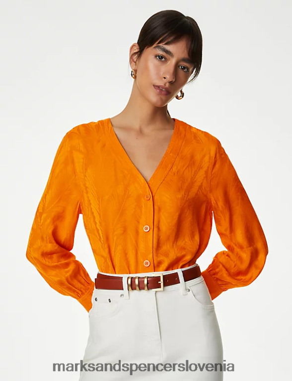 cvetlična žakard bluza z v-izrezom mandarina Marks & Spencer oblačila ženske 6T8F6X399