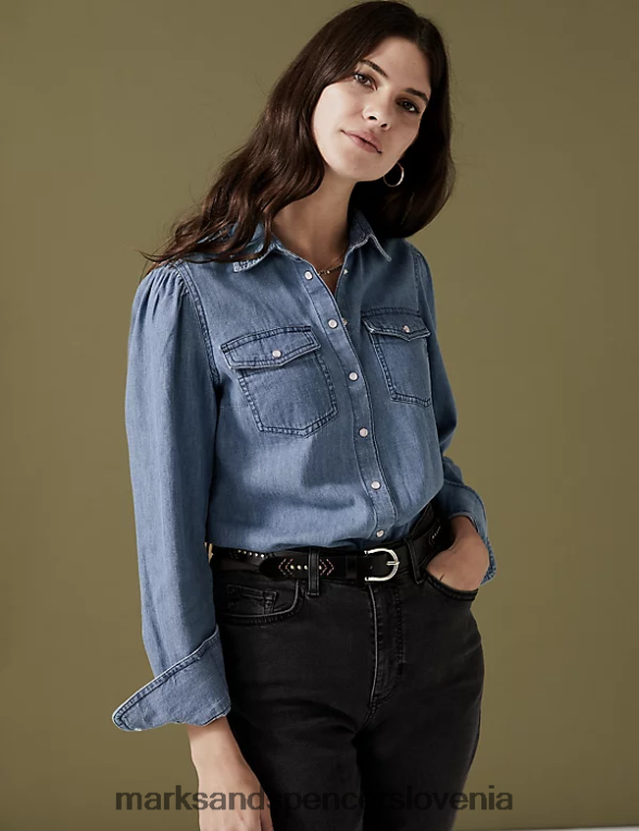 denim srajca z ovratnikom svetlo indigo Marks & Spencer oblačila ženske 6T8F6X1260