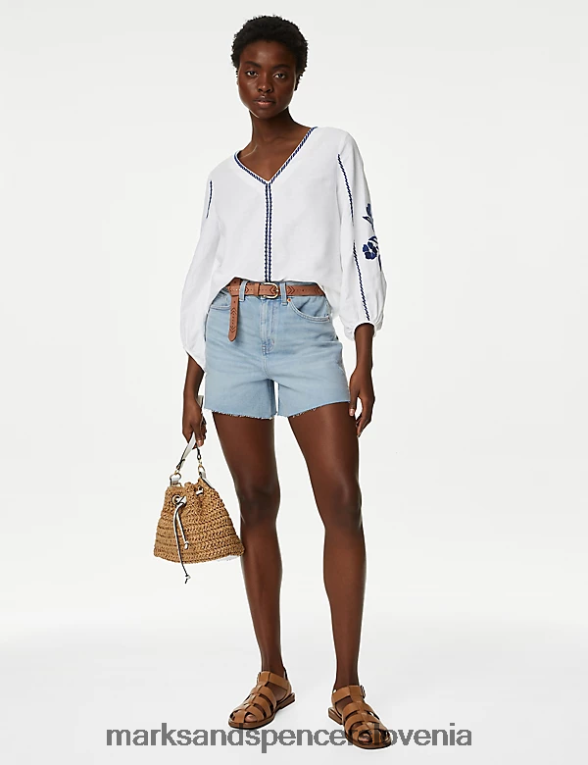 izvezena bluza z rokavi iz bogatega lana mešanica slonovine Marks & Spencer oblačila ženske 6T8F6X1903