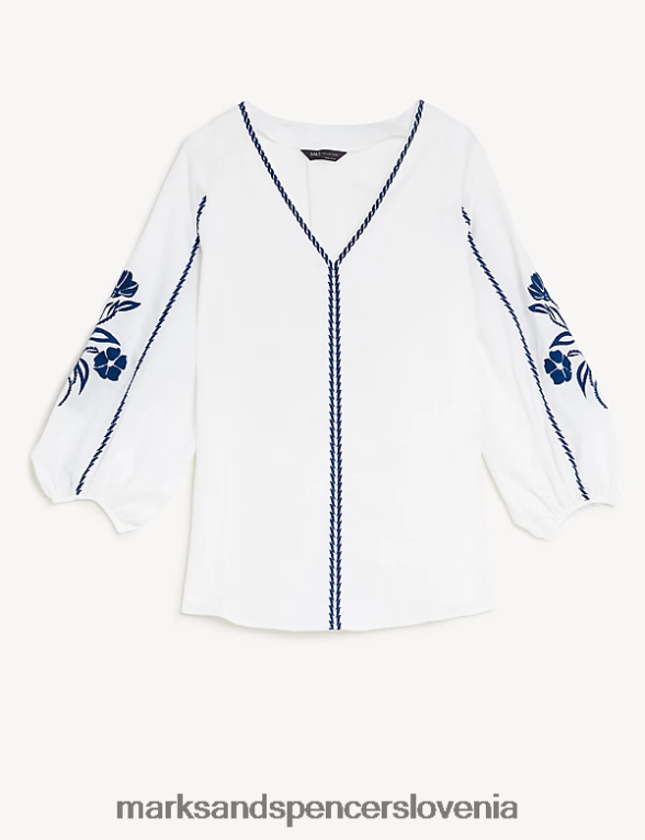 izvezena bluza z rokavi iz bogatega lana mešanica slonovine Marks & Spencer oblačila ženske 6T8F6X1903