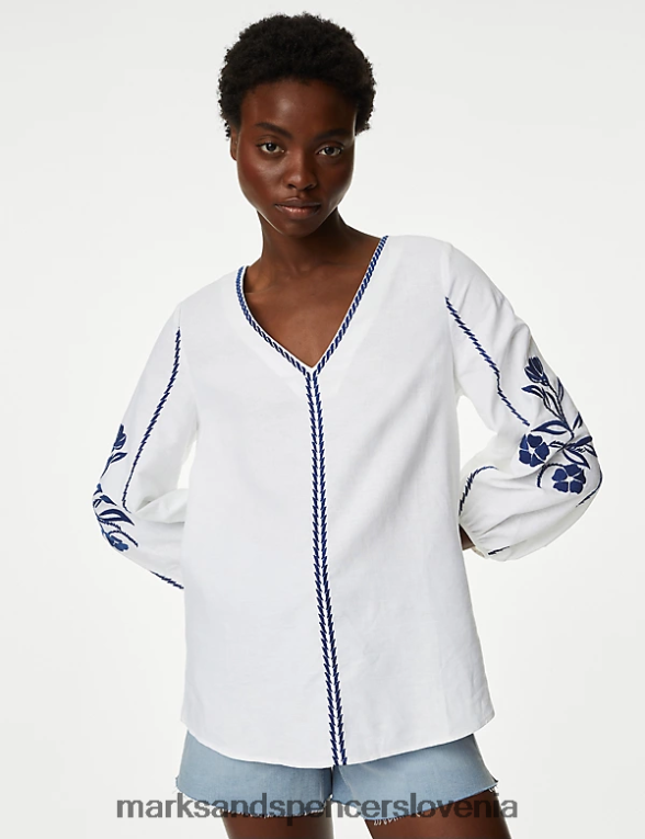 izvezena bluza z rokavi iz bogatega lana mešanica slonovine Marks & Spencer oblačila ženske 6T8F6X1903