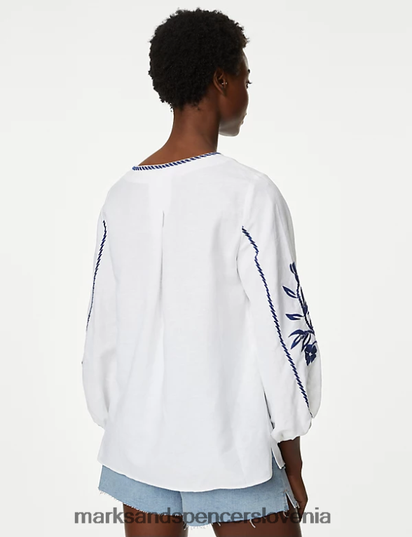 izvezena bluza z rokavi iz bogatega lana mešanica slonovine Marks & Spencer oblačila ženske 6T8F6X1903