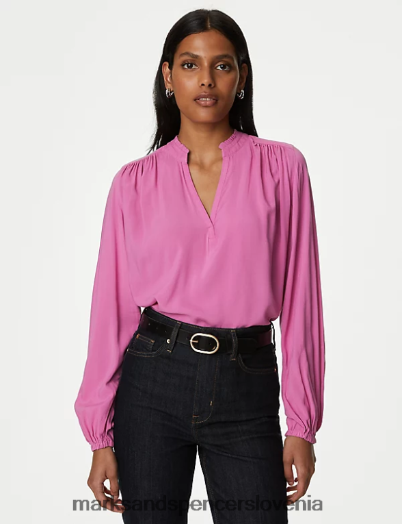 navadna bluza z dolgimi rokavi brez ovratnika svetla vrtnica Marks & Spencer oblačila ženske 6T8F6X2597