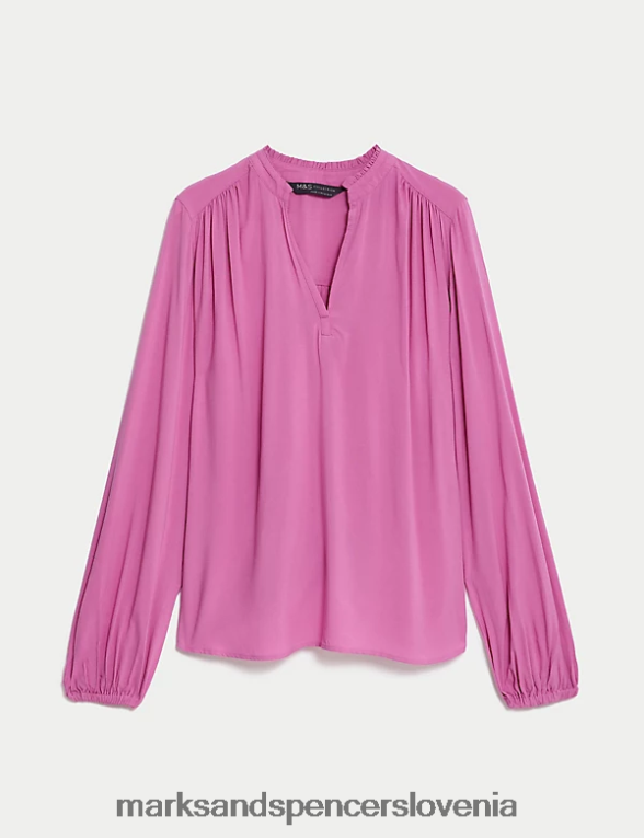 navadna bluza z dolgimi rokavi brez ovratnika svetla vrtnica Marks & Spencer oblačila ženske 6T8F6X2597