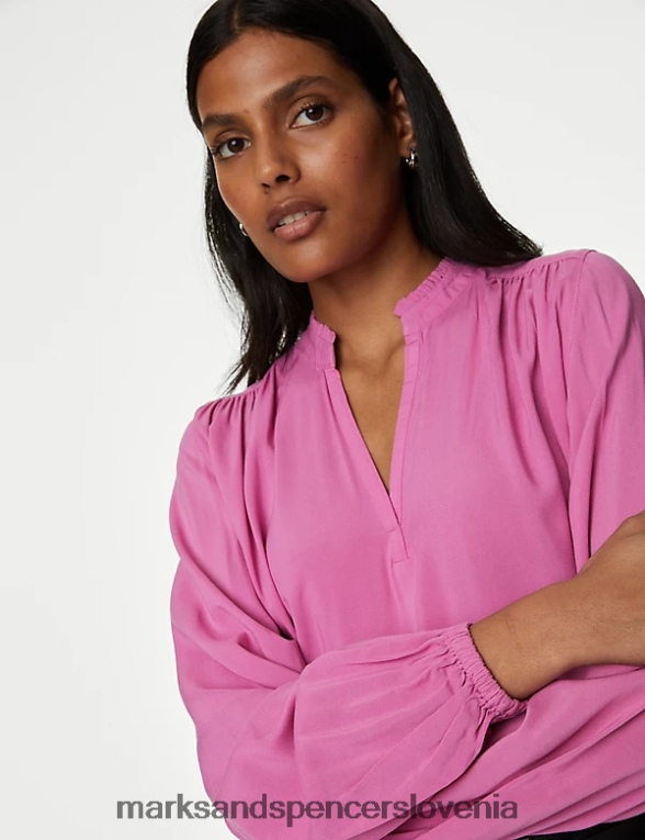 navadna bluza z dolgimi rokavi brez ovratnika svetla vrtnica Marks & Spencer oblačila ženske 6T8F6X2597