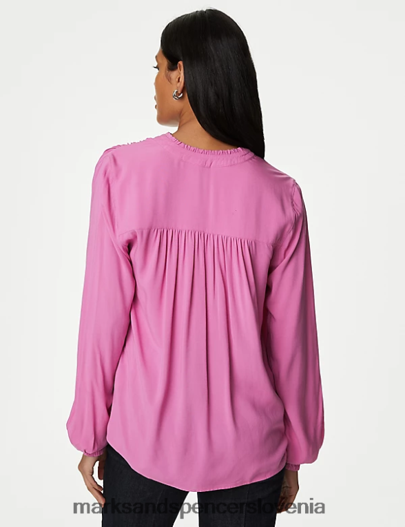 navadna bluza z dolgimi rokavi brez ovratnika svetla vrtnica Marks & Spencer oblačila ženske 6T8F6X2597