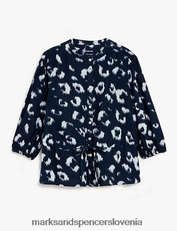 pasirana bluza iz čistega lanu z živalskim potiskom mornarska mešanica Marks & Spencer oblačila ženske 6T8F6X531